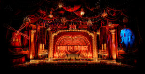 A picture of the Regent Theatre, decorated for the musical Mouline Rouge