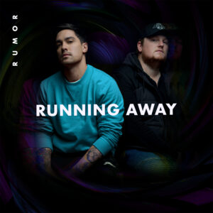Cover Art for the single 'Running Away' by Rumor. An image of two men (Lenny Pearce and Mitchell Curley) sitting and looking at the camera against a black backdground.