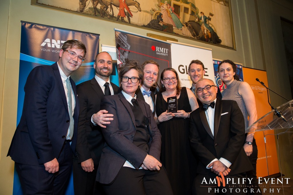 Amy Moon (General Manager) and James Findlay (Weekday Program Director) with the team from RMIT University and awards host Hannah Gadsby.