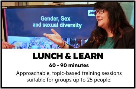 Lunch and learn. Sixty to ninety minutes. Approachable, topic-based training sessions suitable for groups up to 25 people. Image of a friendly trainer leading a session.